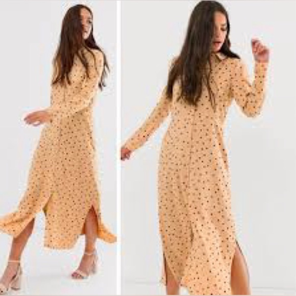 ASOS Peach Polka Dot Long Sleeve Midi Dress